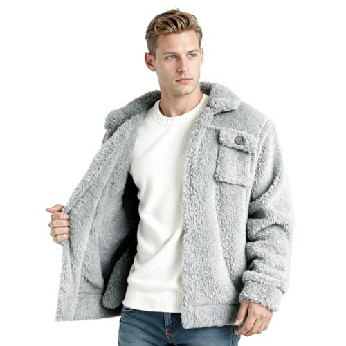 Image of GINGTTO Mens Furry Button-Up Jacket 4 Pockets Fluffy Coat For Men