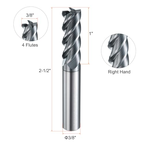 Image of HARFINGTON Carbide Square Nose End Mill Bit 3 /8 inch Cut Dia 4 Flutes TiAlN Coated Milling Cutter for Hardened Steel Metal (3 /8 inch Shank 1 inch Cut Length 2-1 /2 inch Long 45 Degree Helix HRC49-51)