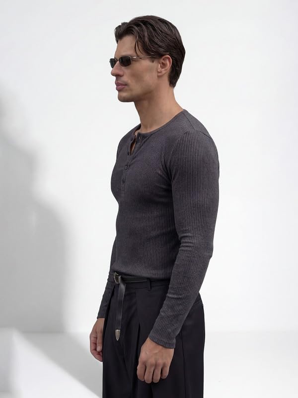 Image of FUGAZEE 100% Cotton Charcoal Muscle Fit Ribbed Henley Longsleeve T-Shirt