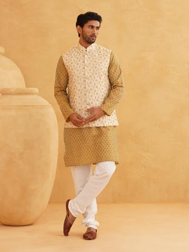 Sojanya (Since 1958 Men'S Silk Blend Self Design Mustard Kurta With Pyjama & Beige Nehru Jacket2