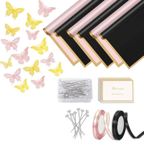 Papier cadeau de bouquet de fleurs haut de gamme étanche | Texture premium noir et rose