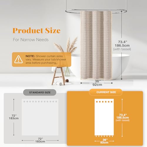 Image of BTTN Boho Stall Shower Curtain, 36x72 Narrow Linen Ultra Thick Fabric Tassel Shower Curtain set with 6 Plastic Hooks, Small Walk In Modern Farmhouse Chic Country Shower Curtain for Bathroom, Tan /Taupe