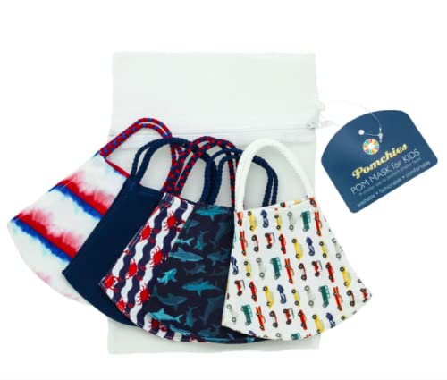 5 Piece Children's Pattern Pom Mask Bag Set: 1 Cars, 1 Crabs, 1 Liberty Tie Dye, 1 Sharks, 1 Solid Navy