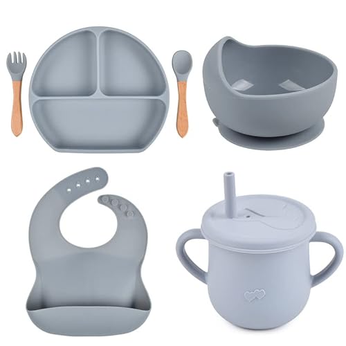 Personalized Name Food Grade 6Pcs Baby Feeding Set With Spoon, Fork,Silicone Suction Bowls,Cup,Plate,And Bib Bpa Free - First Stage Self Feed #TOP6