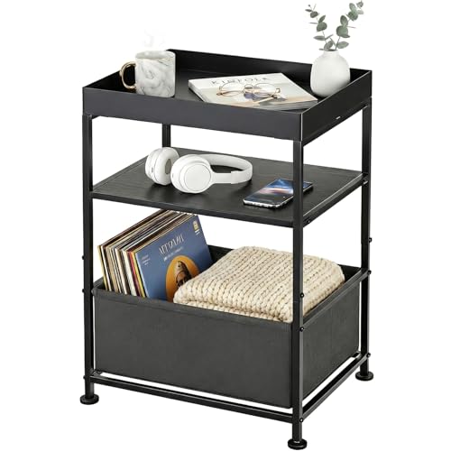 ZEXVIDA Black Side Table with Fabric Bin for Living Room,Small