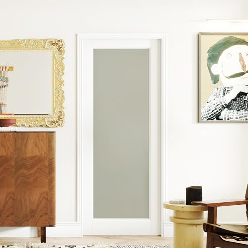 Image of 28 inch x 80 inch Sliding Pocket Door Kit, 1 Lite Frosted Glass Pantry Door with Panel and Frame, Interior & Closet Single Finished Door Slab, Interior Sliding Doors, White Primed