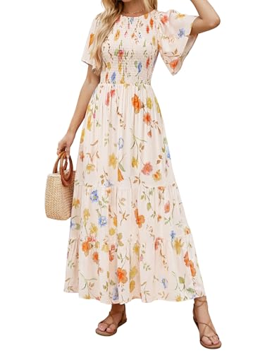 Image of ZESICA Women's 2026 Summer Boho Floral Maxi Dresses Casual Short Flutter Sleeve Smocked Tiered Flowy Dress