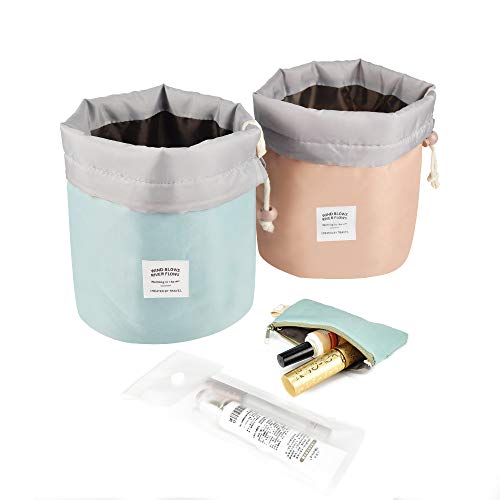 DKAF 2 Packs Barrel Shaped Makeup Bags, Multifunctional Waterproof Soft Cosmetic Bags Make up Organizer, Collapsible Portable Bucket Toiletry Bag(Pink and Green)