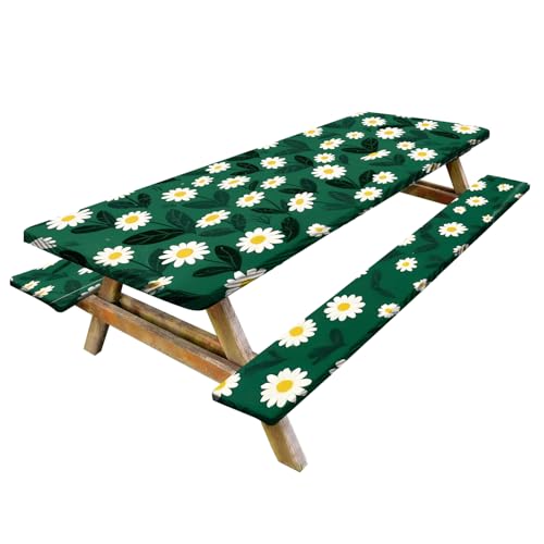Fresh Floral Picnic Table Cover with Bench Covers Set of 3 - Green Background with White Ditsy Flowers, Elastic Fitted Tablecloth for 6 Ft Tables, Washable Polyester Cover for Garden, Indoor & Outdoor by THISFIND - Used condition - US$14.44