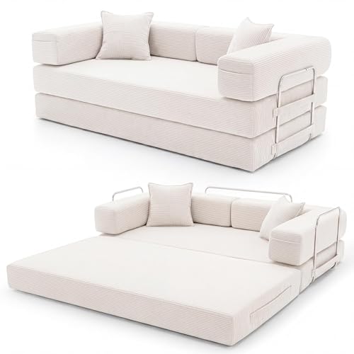 YINIX Canapé Lit Pliant 200cm Super King, Canapé Modulable Futon Boneless, Velours Côtelé avec Cadre Métal, Matelas de Sol 3 Places, Base Antidérapante, Housse...
