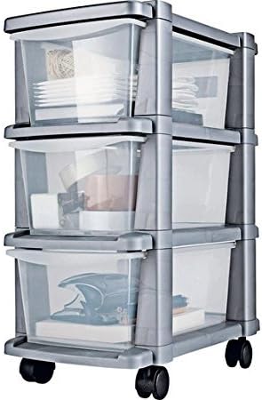 3 Drawer Slim Tower Storage Unit - Silver, Size H64.5, W25, D39cm.