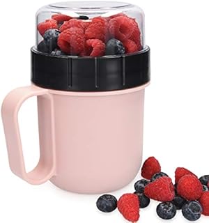 Navaris Breakfast to Go Cup - Portable 2-Piece Food Container Pot for Cereal, Yoghurt, Granola - Microwave and Dishwasher-Safe, BPA-Free - Pastel Pink