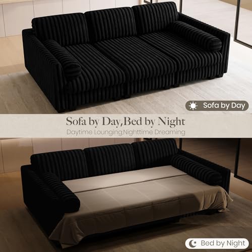 Image of Belffin Plush Corduory Sectional Sleeper Sofa with Wide Deep Seat Modular Sectional Cloud Couches for Living Room. Black Couch