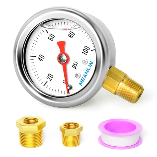 meanlin measure 0100psi stainless steel 1834 npt 1534 face dial glycerin filled pressure gauge liquid filled water oil air lower mount with 1834 x 1434 npt and 1834 x 3834 npt hex bushing
