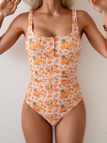 Image of B2prity One Piece Swimsuit for Women Tummy Control Ruched Slimming Bathing Suit Button Full Coverage Swimwear