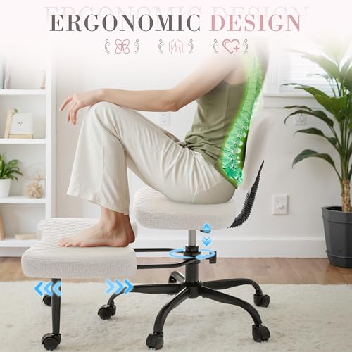 Image of Furmax Ergonomic Criss Cross Legged Office Chair with Wheels, 360Swivel Adjustable Height Kneeling Desk Chair with Footrest for ADHD, Yoga, Meditation, Home Office (Teddy Fabric, White)