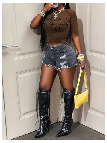 Image of RoseSeek Women's Sheer Mesh Letter Graphic Tees Short Sleeve Crew Neck Y2K Vintage Summer Going Out Crop Tops