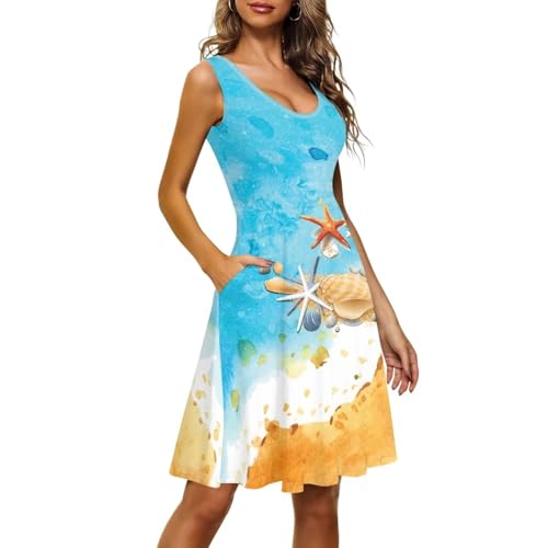 Image of Women Stylish Tank Dresses Sleeveless Round Neck Midi Casual Dress with Pocket for Summer