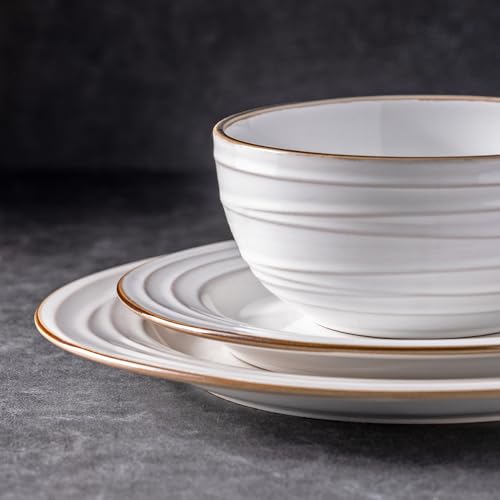 Image of GBHOME Ceramic Dinnerware Sets, 24 pcs Embossed Elegant Stoneware Plates and Bowls Sets, Housewarming Wedding Gift | Dishwasher & Microwave Safe | Dishes Set Service for 8