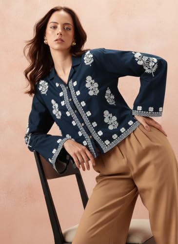 Image of Bee M Pee Designer Women's Embroidered Korean Crop Shirt | Full Bell Sleeves Western Tops for Woman Stylish | Oversized Formal /Casual /Office Wear Cotton Shirts Top for Women