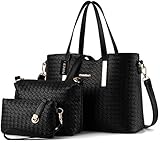 ❤MATERIAL: Cuero de la PU TIBES Bolso de cuero de la PU de la manera + bolso de hombro + monedero bolso de 3pcs A Negro
