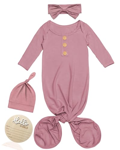 Newborn Baby Coming Home Outfit Set - Soft Modal Knotted Gown Sleepers with Hat, Hello World Sign & Headband, Hospital Newborn Photography Outfits Easy Diaper Change Gowns for Baby Shower Clothes