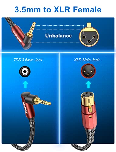 SOUNDFAM 3.5mm to XLR Premium Microphone Cable 10FT, 90 Degree Right Angle 3.5mm(TRS,1/8 Inch,Aux) Male to XLR Female Unbalanced Interconnection Cable for Microphone, Sound Card, Camcorder & More