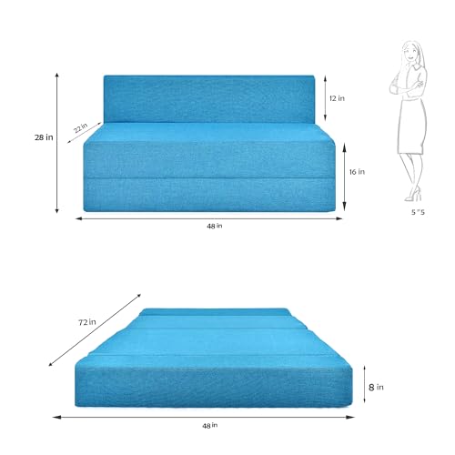 Image of Foldable Two Seater Sofa Bed 4X6 Ft Jute Fabric Washable Cover Convertible Sofa Bed for Home & Office, Guest Room (Finish Color Sky Blue - Pre-Assembled)