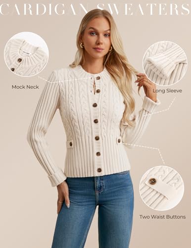 GRACE KARIN Women Cable Knit Button Up Sweater, Crewneck Cropped Cardigan, Early Fall Fashion Outfits 20253