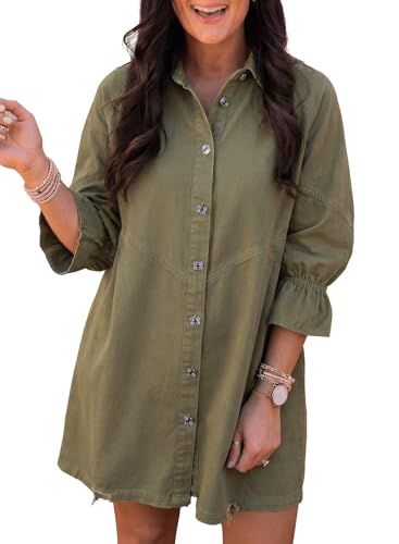 Image of Sidefeel Womens Smocked 3 4 Sleeve Button Down Denim Jeans Dresses