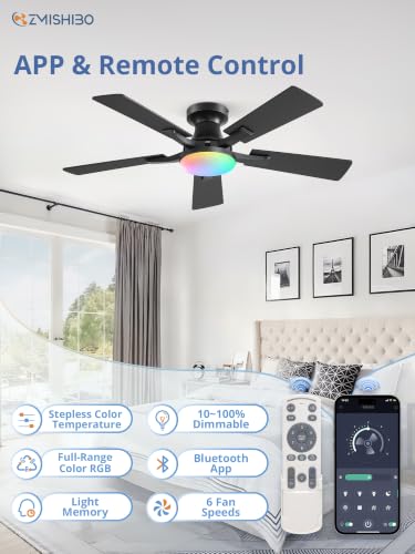 Image of ZMISHIBO 42 Inch RGB Ceiling Fan with Light, Remote&App Control,Flush Mount | Low Profile, Dimmable 20W LED Light, Quiet Reversible Motor, Strong Airflow, Easy Install for Bedroom /Living Room /Apt, Black