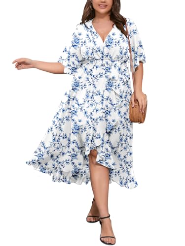 Image of SCOMCHIC Women Plus Size Maxi Dress Short Sleeve Wrap V Neck High Low Split Ruffle Long Dress