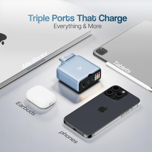 Image of Ambrane 100W Fast Charging Display Charger, Display to Show Power Details, 3 Ports - 2 Type C, 1 USB, Type C PD Fast Charging for MacBook, iPhone, Type C Laptops, Other Devices (Charge D100, Blue)