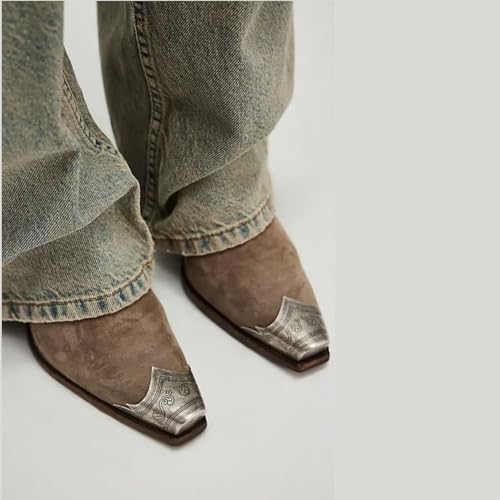 Image of keleimusi Women's Western Cowgirl Ankle Boots Stacked Block Heel Cowboy Booties Steel Toe Heeled Short Cowboy Boots Side Zipper Western Booties for Women