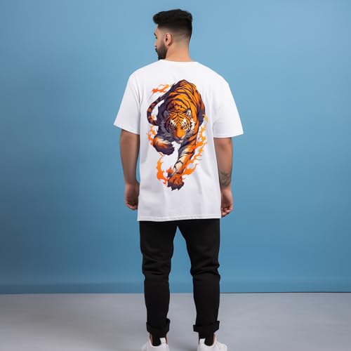 Image of prabhu bhakti Men's Oversized Maa Tiger Printed White T-Shirt |Tiger Back Print Drop Shoulder Pure Cotton Oversized Tshirt for Men