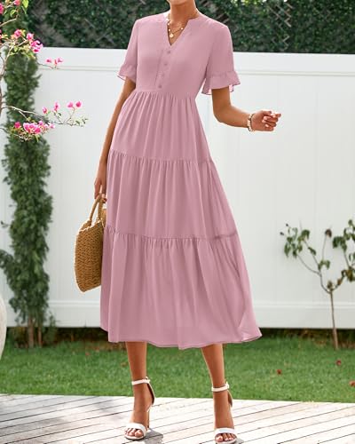 Image of BTFBM Summer Dresses for Women 2025 Vacation V Neck Loose Short Sleeve A Line Tiered Flowy Casual Midi Beach Dress