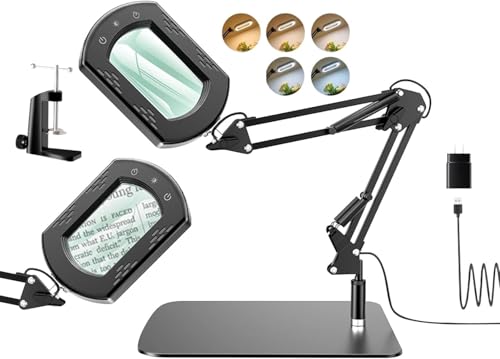 Lupa con Luz y Soporte, Lupa Rectangular LED 10X, Mesa 2-en-1 Manos Libres, 5 Modos de Color para Soldadura, Lectura, Fabricación de Joyas