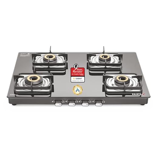 Sujata Classic Auto Ignition Gas Stove | 9 Years Warranty | 4 Burner Stove | Gas Stove 4 Burners Glass Top | SABAF | ISI Certified | LPG & PNG Compatible | Jumbo Brass Burner (Black)