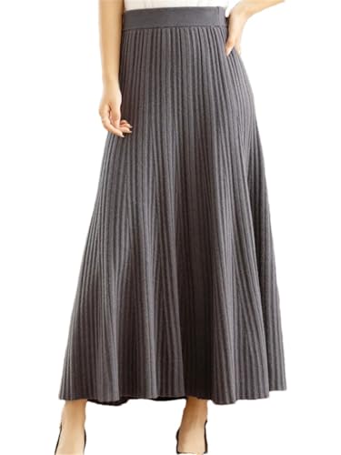 Pulcykp Women Knit Pleated Skirt Wool Blend A-Line Long Skirt Soft Warm Fall Winter Slim Elastic Waist Skirts