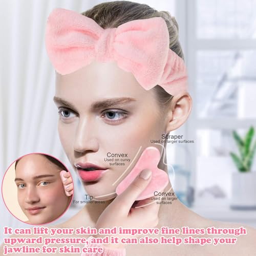CZAYEFNH Rodillo Facial Jade 7 en 1 Set masajeador Gua Sha Piedra Natural para Cara Cuello y Cuerpo Rosa con Banda y brochas Regalo Cuidado Piel - imagen 3