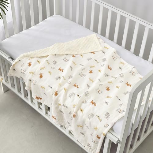 Image of CREVENT Organic Muslin Cotton Baby Blanket for Newborns, Soft Mink Backing, Essential for Baby Shower Birthday Gift - Animal 75X100cm