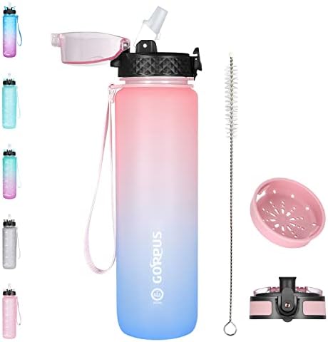 GOPPUS 1L/32oz Water Bottle with Time, Motivational Sports Drink Bottle, Leak Proof Plastic Water Bottle with Straw, Large Tritan Sports Bottle for Girls Boy, BPA Free