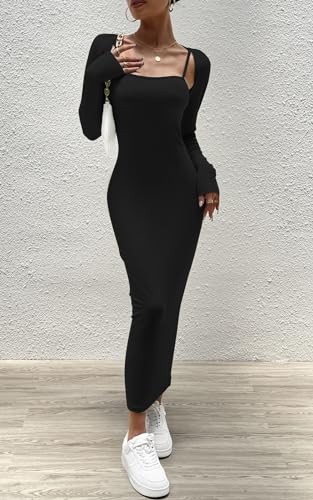 Women's Spring Fall 2 Piece Outfits Slip Bodycon Maxi Dress and Long Sleeve Cropped Cardigan Knit Matching Sets3