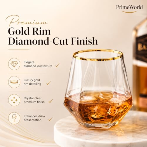 Image of PrimeWorld Gold Rim Diamond European Crystal Whiskey Glasses Set of 6 pcs- 300 ml Bar Glass for Drinking Bourbon, Whisky, Scotch, Cocktails, Cognac- Old Fashioned Cocktail Tumblers