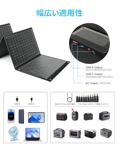 ELECAENTA 60W ソーラーパネル 小型 PD45W QC3.0 DC急速充電 1.6KG超軽量 折りたたみ式 ソーラー充電器 太陽光パネル アウトドア キャンプ 車中泊 防災グッズ