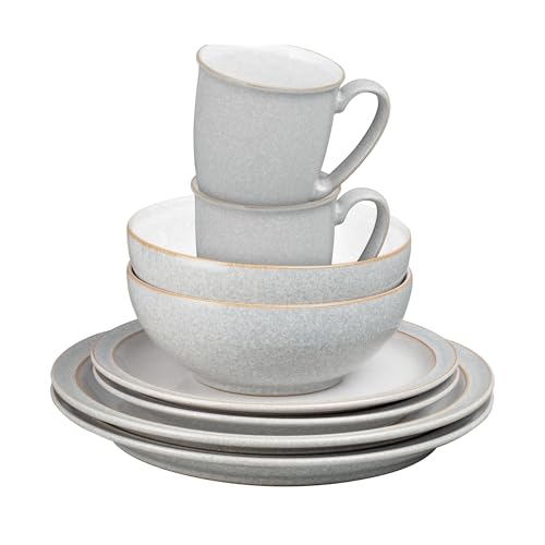 Denby - Elements 8 Piece Dinner Set For 2 - Light Grey Dishwasher Microwave Safe Oven Proof Plate & Bowl Set - 4 x Lunch Plates Dinner Plates Cereal Bowls & Coffee Mugs - Chip Resistant Tableware