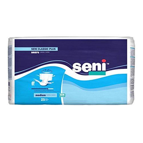 SeniClassic Plus Unisex Adult Incontinence Briefs with Tabs, Size M (30"-43"), 100 Count (4 Packs of 25), Moderate to Heavy Absorbency, Breathable, Disposable Brief for Men & Women