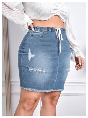 MakeMeChic Women's Plus Size Denim Skirt High Waisted Elastic Drawstring Waist Raw Hem Ripped Vintage Short Jean Skirt4