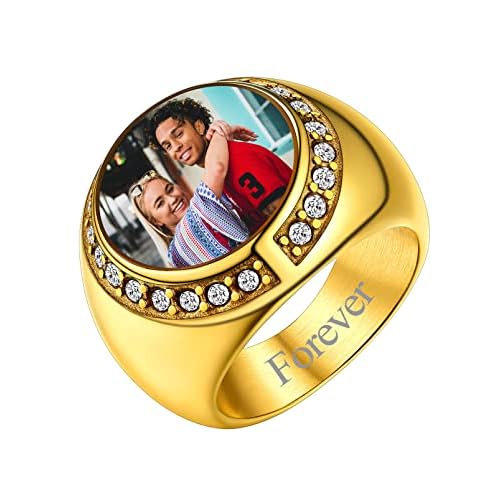 FindChic Customized Signet Photo Rings Square/Heart/Round Chunky Band Ring Stainless Steel/18K Gold Plated/Black Size 7 to 14 Personalized Jewelry for Men Women, Send Gift Box 02. round (gol