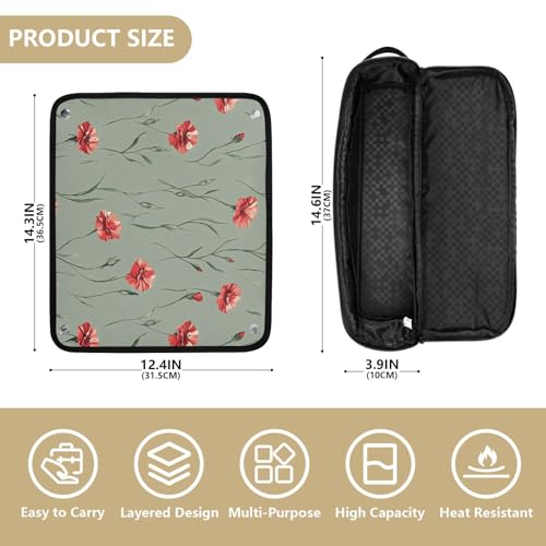 Bolso de viaje Red Flowers Sage Green para herramientas de cabello con almohadilla resistente al calor para planchas y rizadores, doble capa miniatura 4